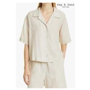 rag & bone Beige Striped Short-Sleeve Button Front Blouse